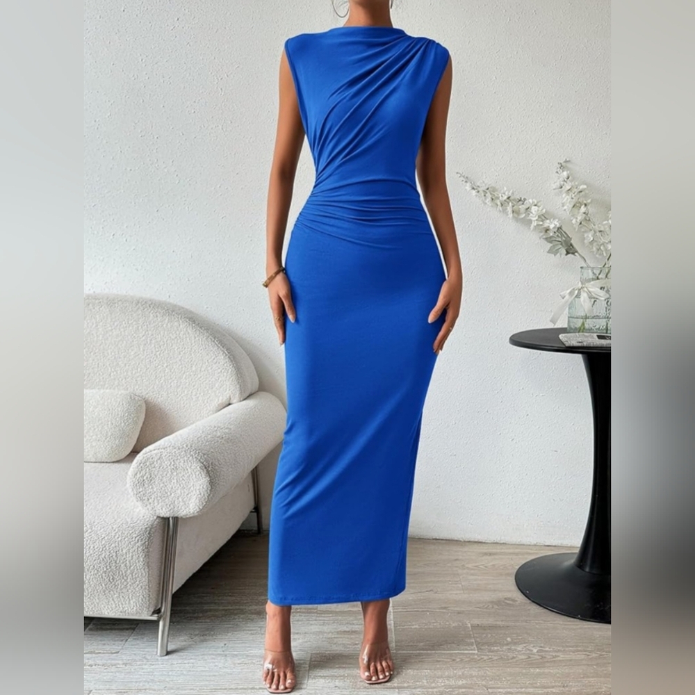 Amazon Blue Asymmetrical Ruched Cowl Neck Midi Dress